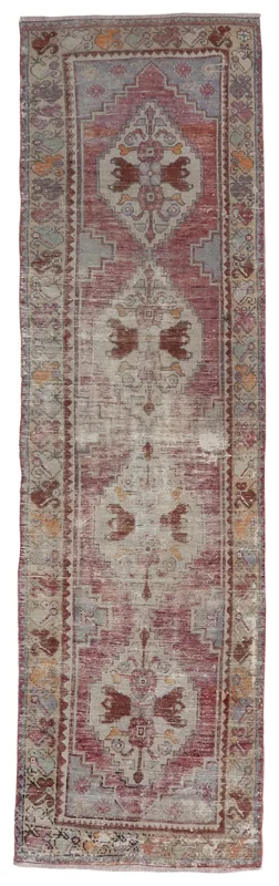 Full overhead view of the 2'9" x 10'8" vintage Anatolian runner rug with red, gray, and beige tones.