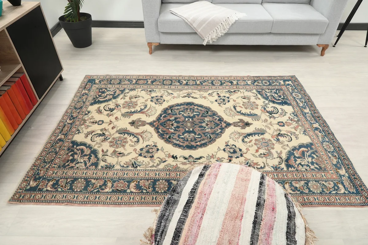 Full room view of the rug, capturing its size and how it complements the decor