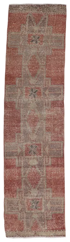Full overhead view of the rust and gray geometric Anatolian runner rug
