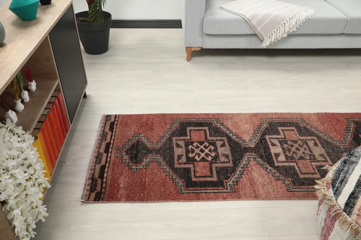 Elevated view of the runner rug in a room, highlighting its length and placement