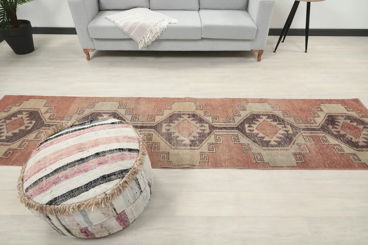Overhead view of the runner rug in a room, showcasing its full pattern