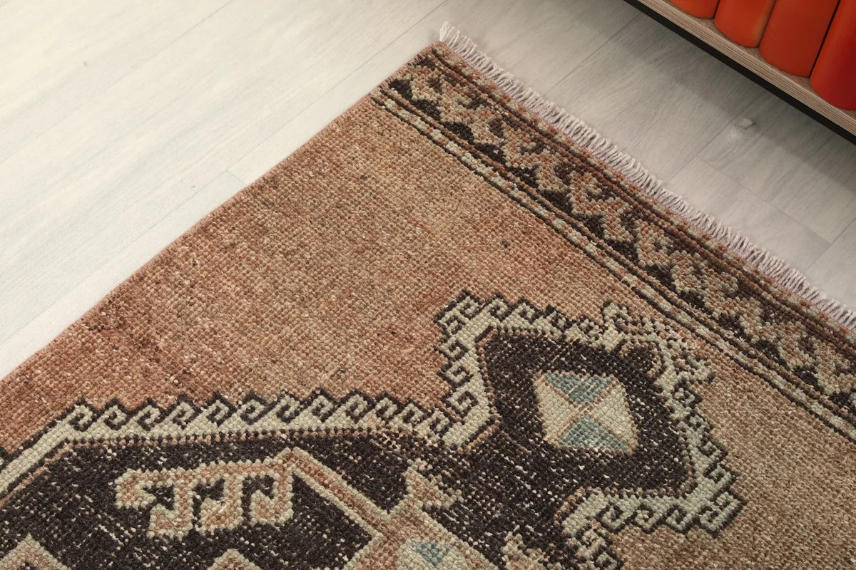 Corner detail of the rug, showing the border design and the soft, worn fringe