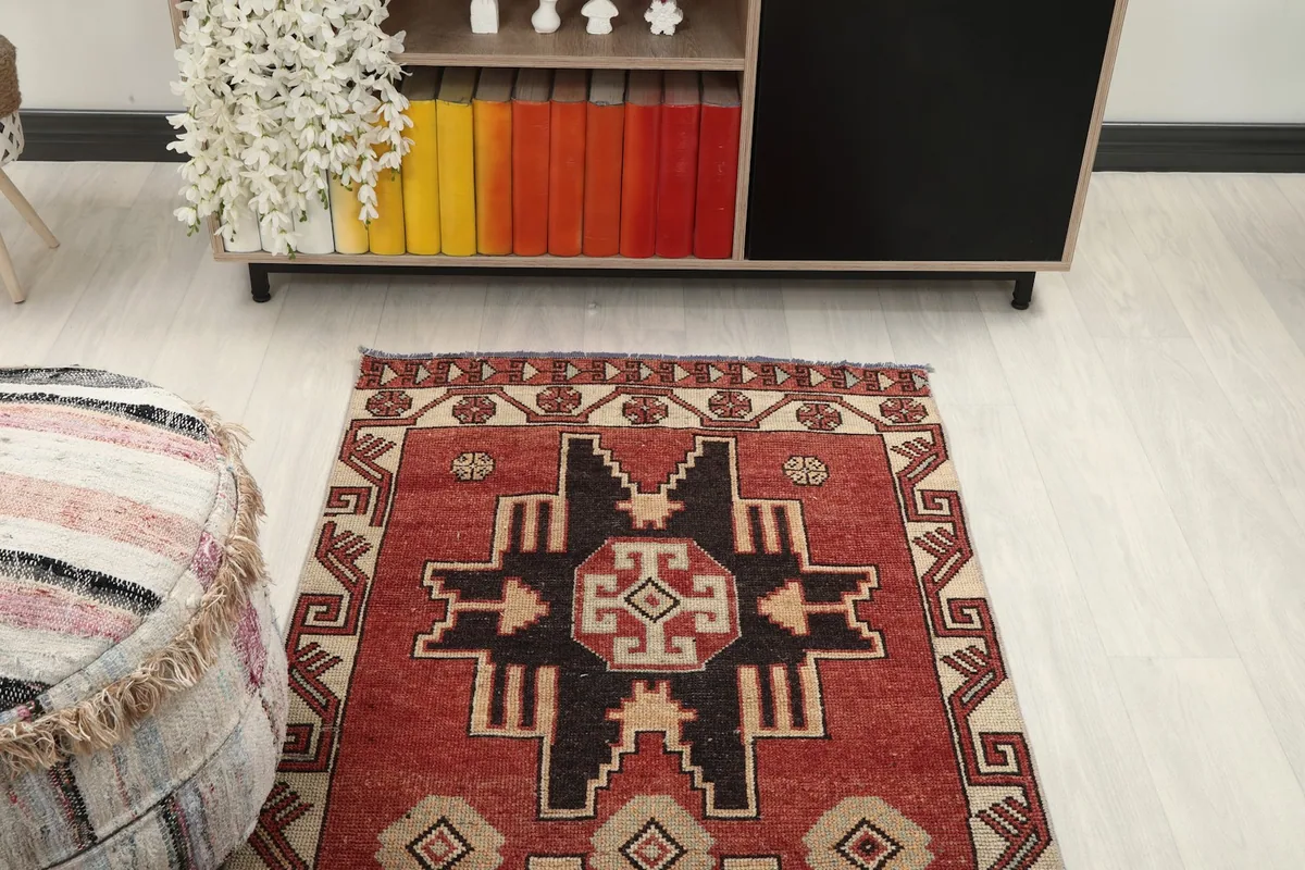 Overhead view of a section of the runner rug in a room setting, showing its placement