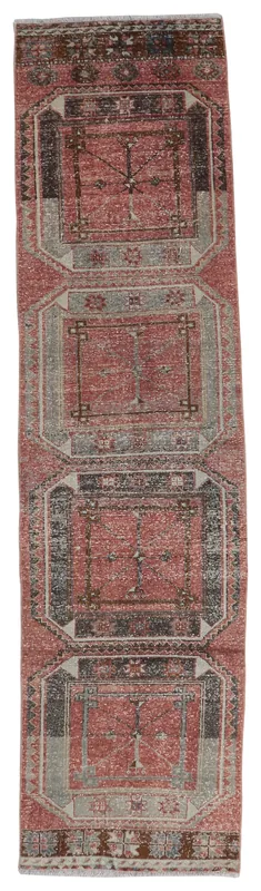 Full overhead view of the 2'6" x 10'10" rust and gray geometric Anatolian runner rug.
