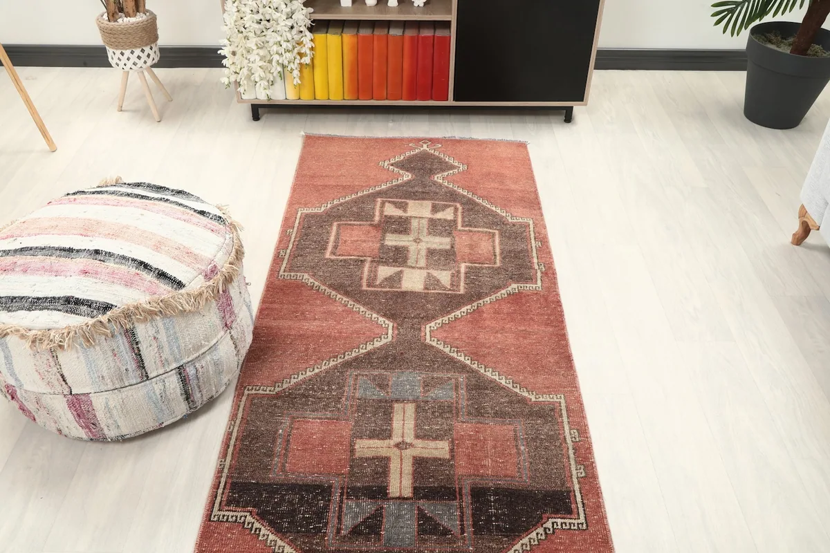 Overhead view of a section of the runner rug, showcasing its patterns and colors in a room setting