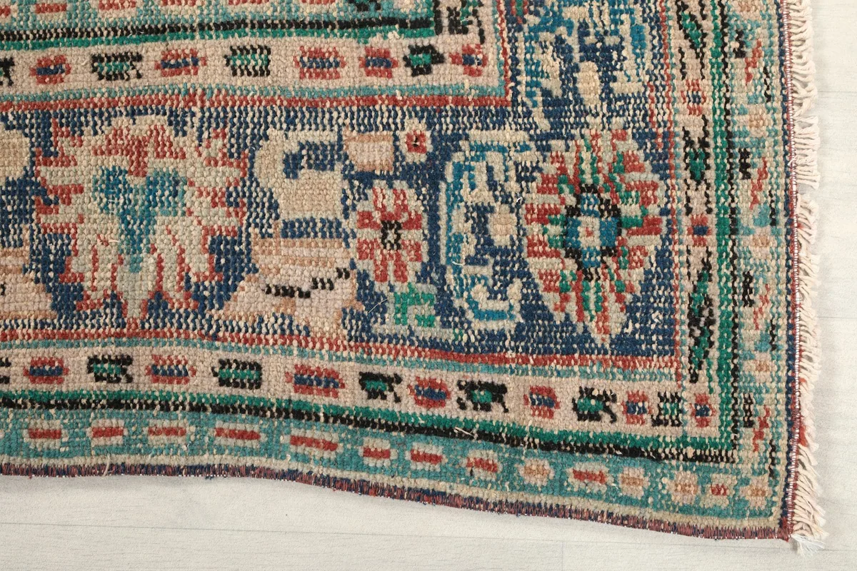 Detailed view of the blue and beige border pattern with green accents on the rug.