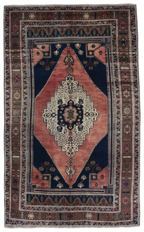 Full top view of the vintage Anatolian rug with rust, navy, and brown colors on a white background