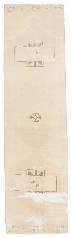 Full top view of the 3x12 beige and brown geometric vintage Anatolian runner rug on a white background