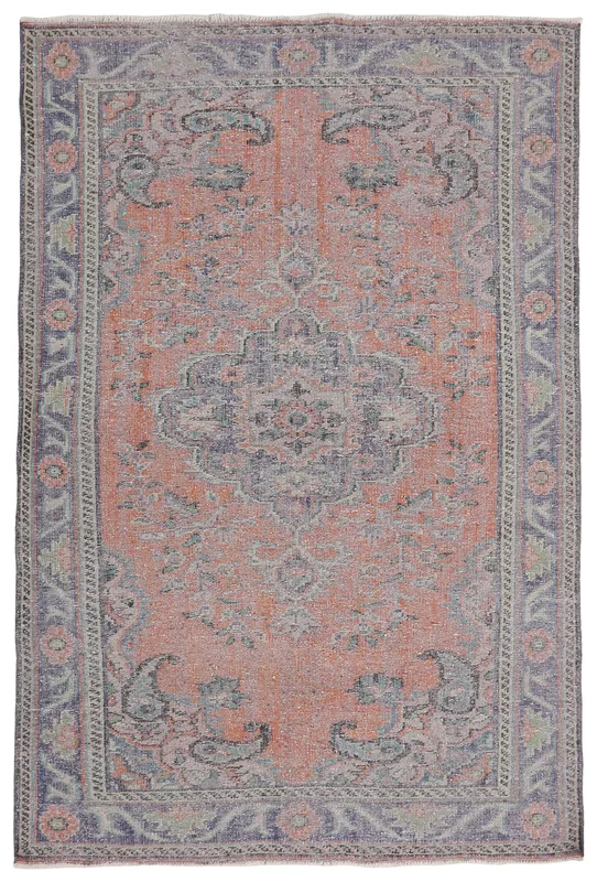 Full overhead view of the 6'0" x 9'2" vintage rust and blue Anatolian area rug.