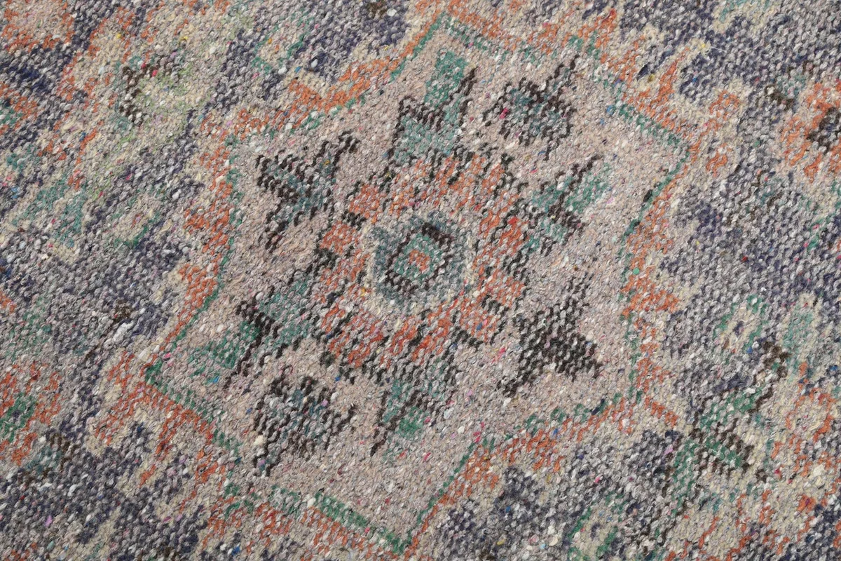 Macro view of the hand-knotted wool pile, showing texture and color variations.