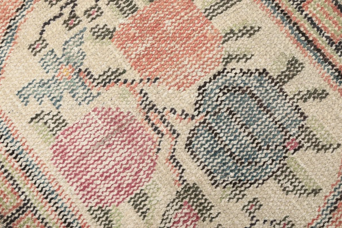 Very close-up of the wool pile and knotting, showing texture and color variations.