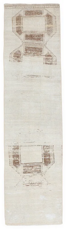 Full overhead view of the ivory and brown vintage Anatolian runner rug