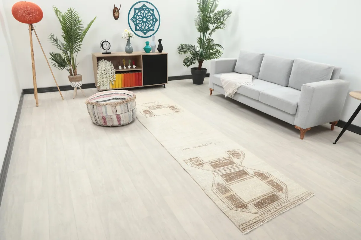 Angled view of the runner rug showing its length in a room setting