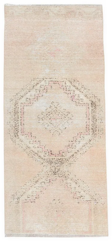 Full top view of the 2'10" x 6'7" beige and rose vintage Anatolian runner rug on a white background.