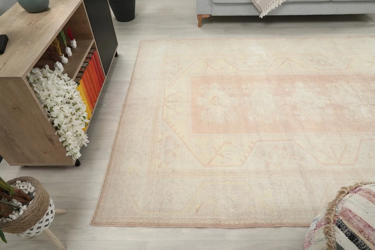 View of the rug from another angle in the room, showing its interaction with other decor elements.