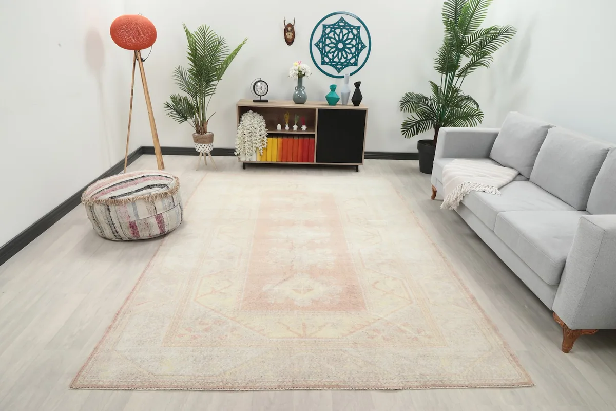 Vintage rose and cream Anatolian rug in a modern living room setting with a gray sofa and plants.