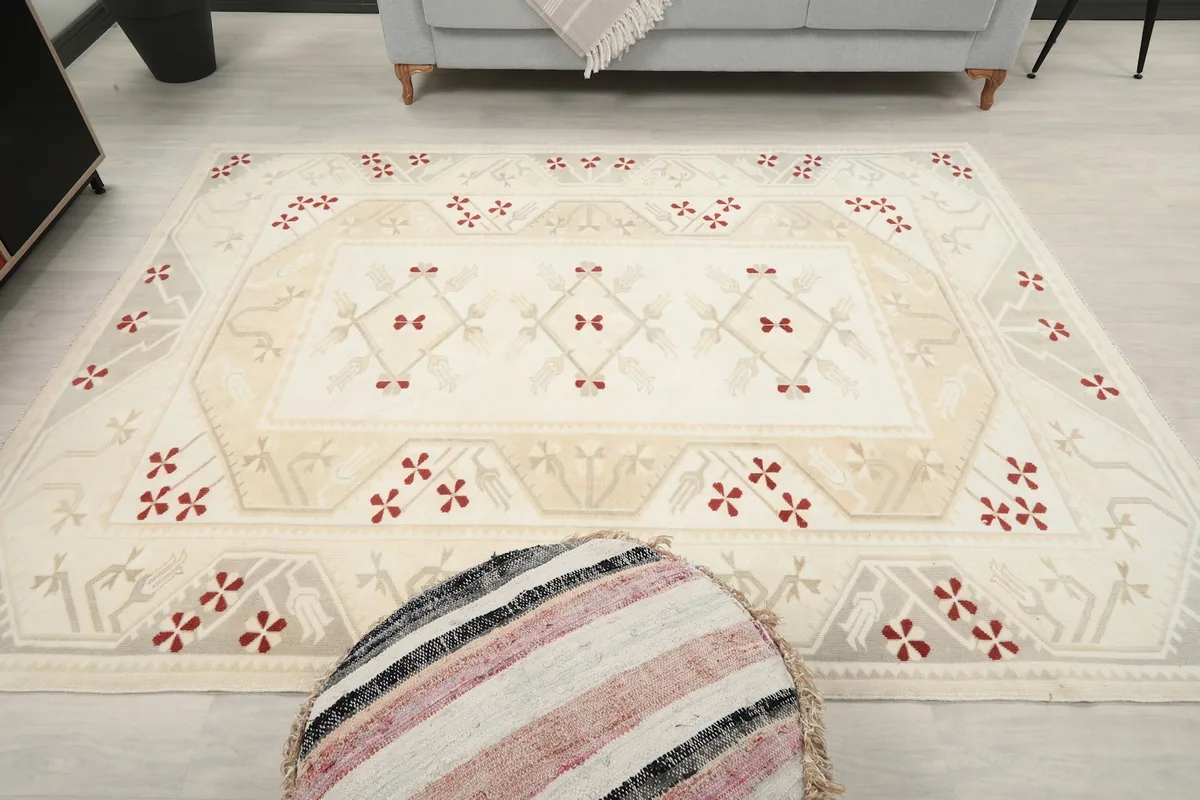 Overhead shot of the rug in the room, providing a full view of its design and dimensions.