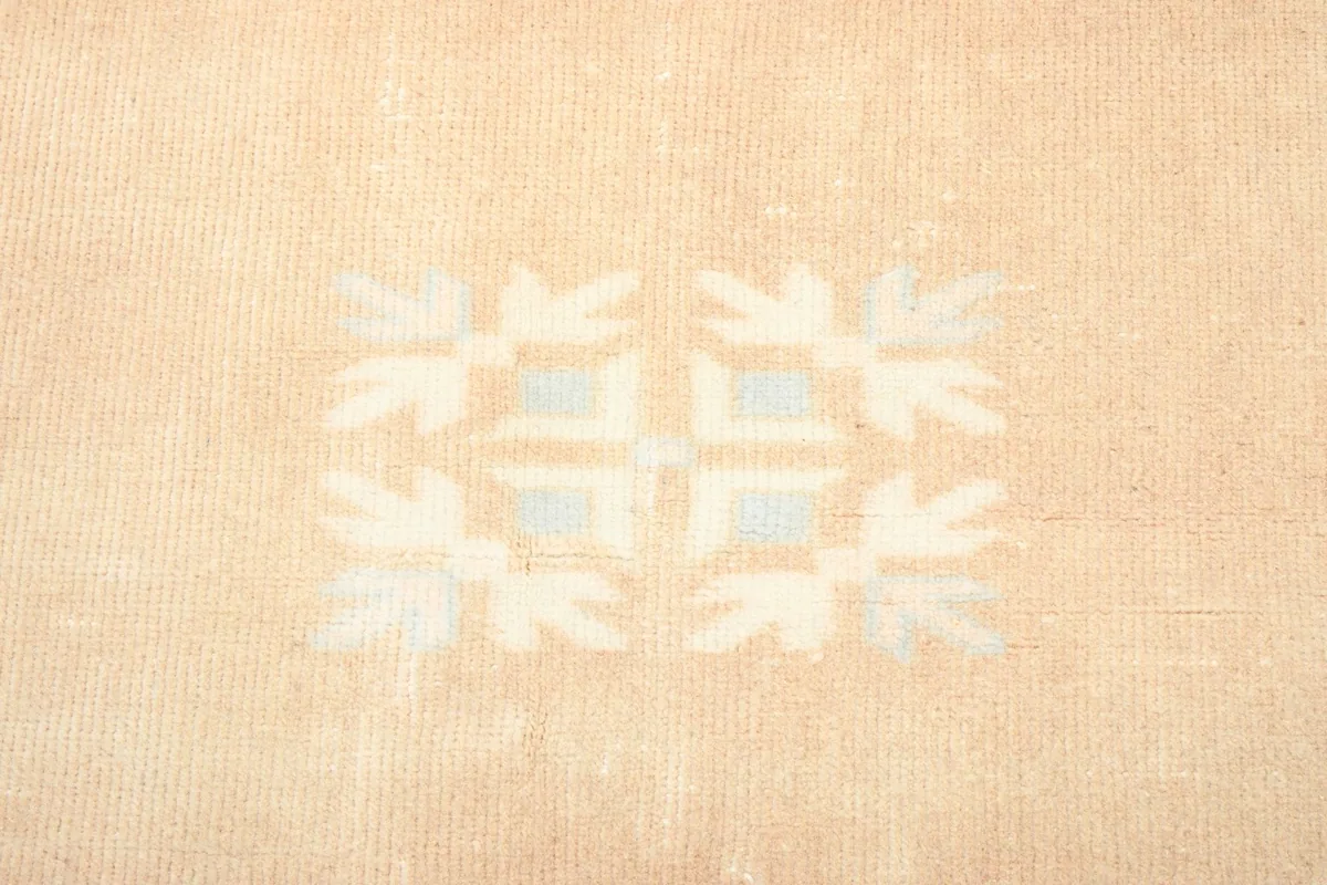 Close-up of a central geometric motif in light blue and ivory on the tan field
