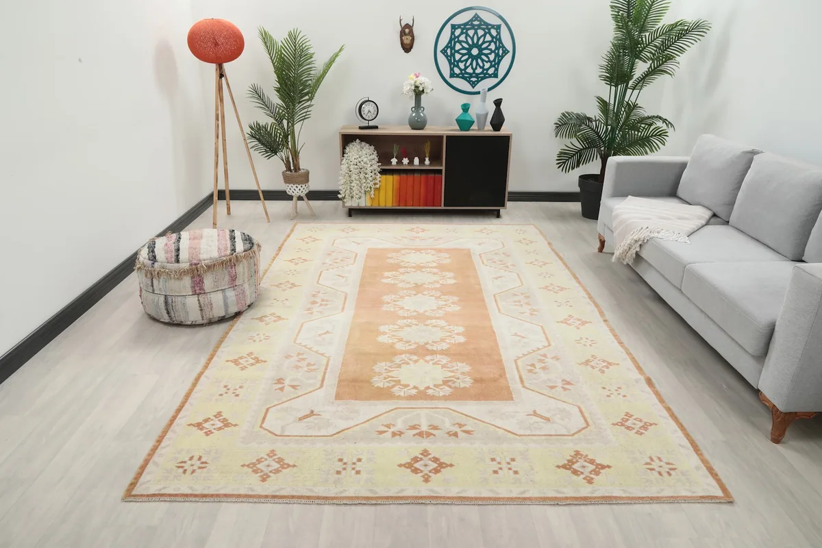 Vintage orange and yellow rug placed in a modern living room setting with a sofa and plants.