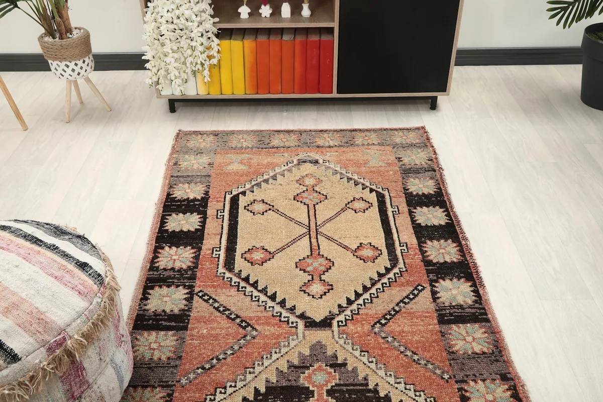 Overhead view of the runner rug from one end, showing its placement in a room