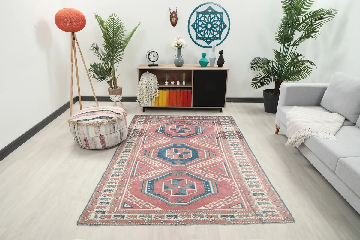 Rose and blue rug in a living room setting with a light-colored sofa and plants