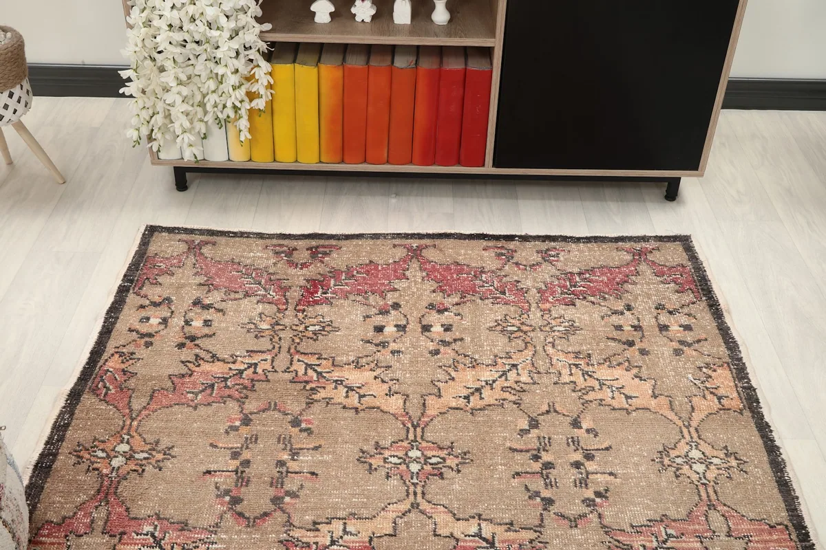 Overhead view of the rug in a room, showing its placement and scale