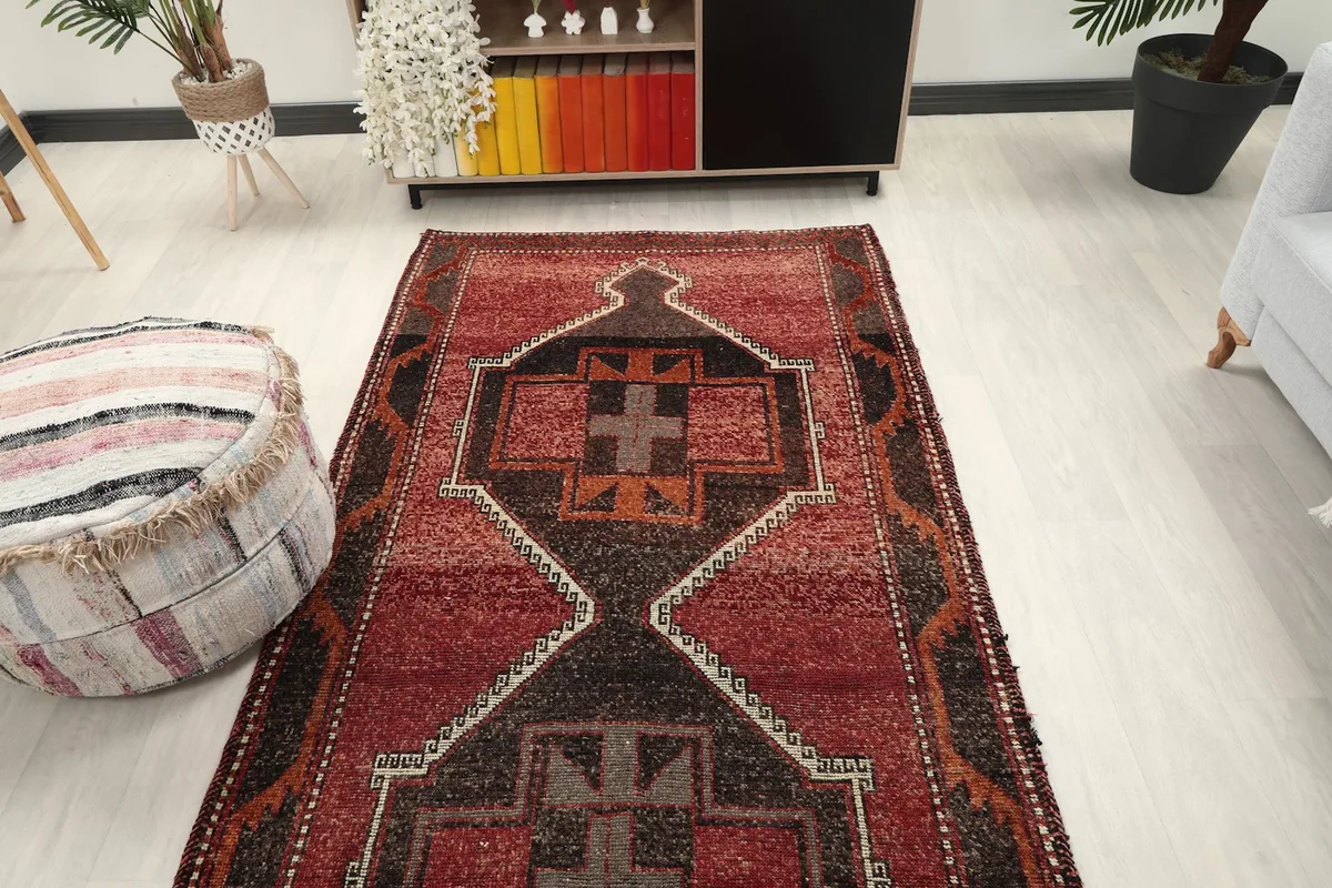 Overhead view of the runner rug in a room, focusing on the central design elements