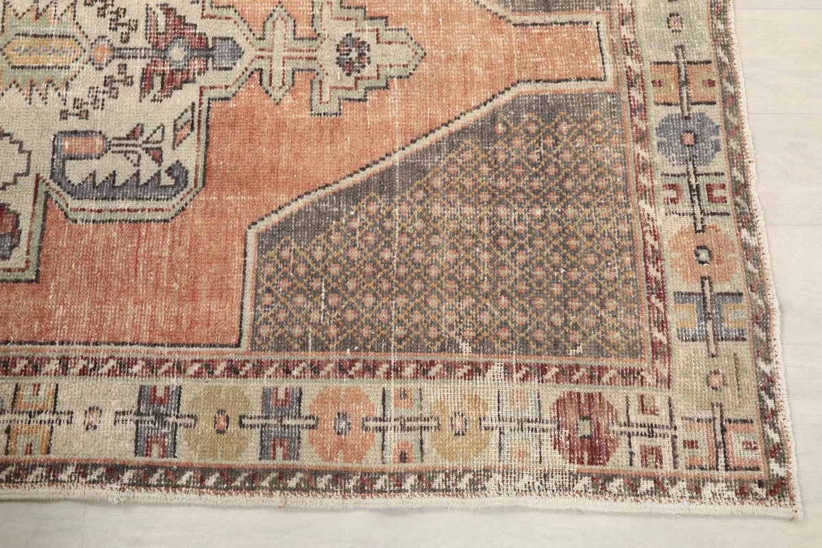 Detail of the rug's corner showing the rust field, brown geometric pattern, and colorful border