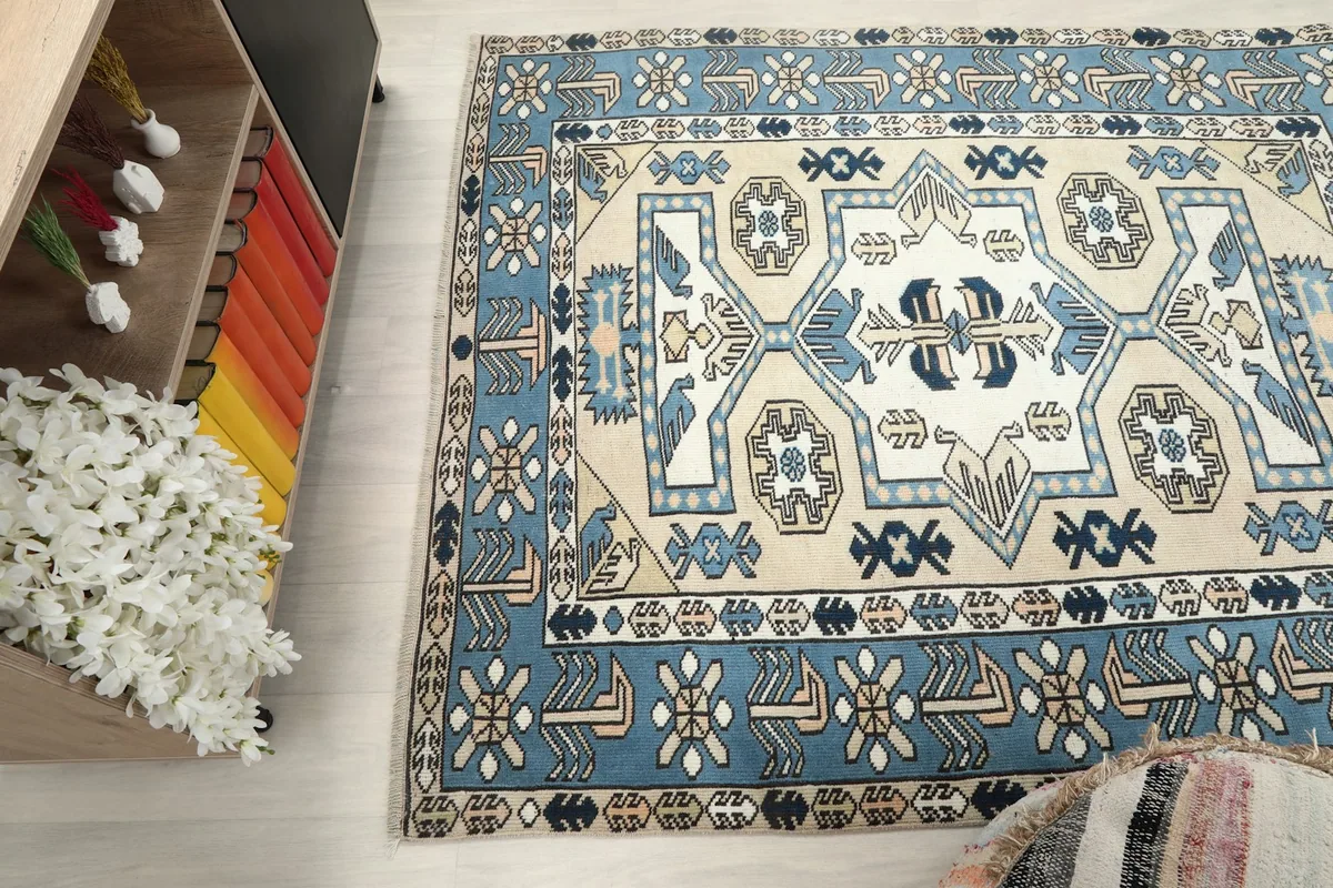 Angle view of the rug's surface, capturing texture and design elements
