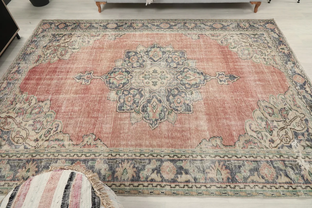 Full overhead view of the 6'11" x 9'8" vintage Anatolian rug from a higher perspective