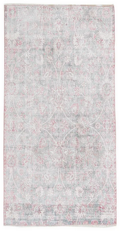 Top view of the gray and rose vintage Anatolian area rug with floral patterns