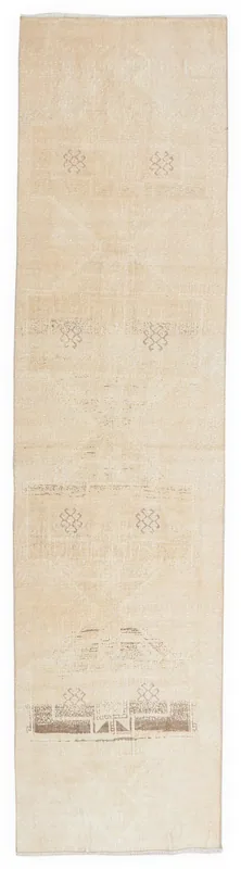 Full overhead view of the 2'11" x 12'1" vintage tan geometric runner rug