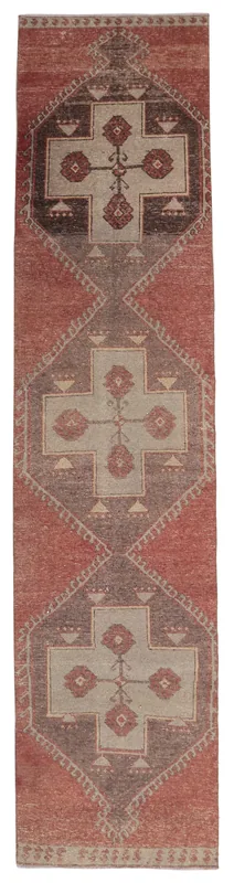 Full overhead view of the rust and brown geometric vintage Anatolian runner