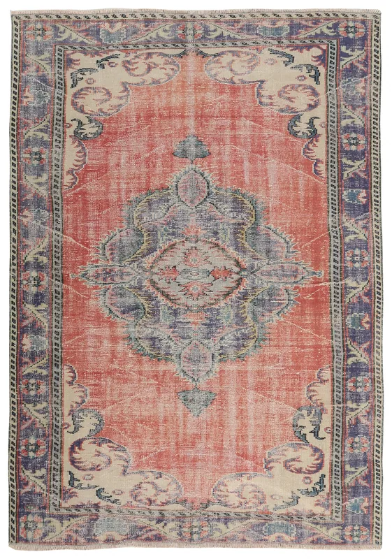Full top view of the 6'1" x 8'11" vintage Anatolian rose and blue medallion rug