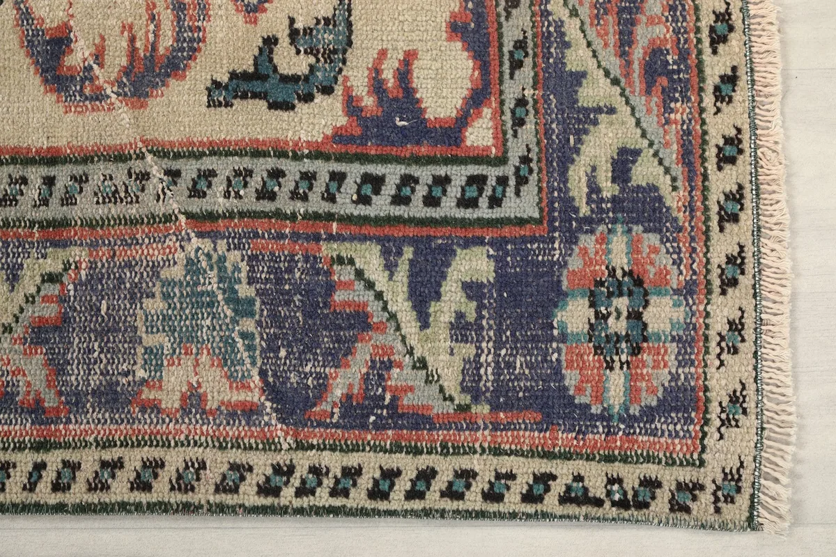 Detail of the rug's ivory and blue border with floral and geometric patterns