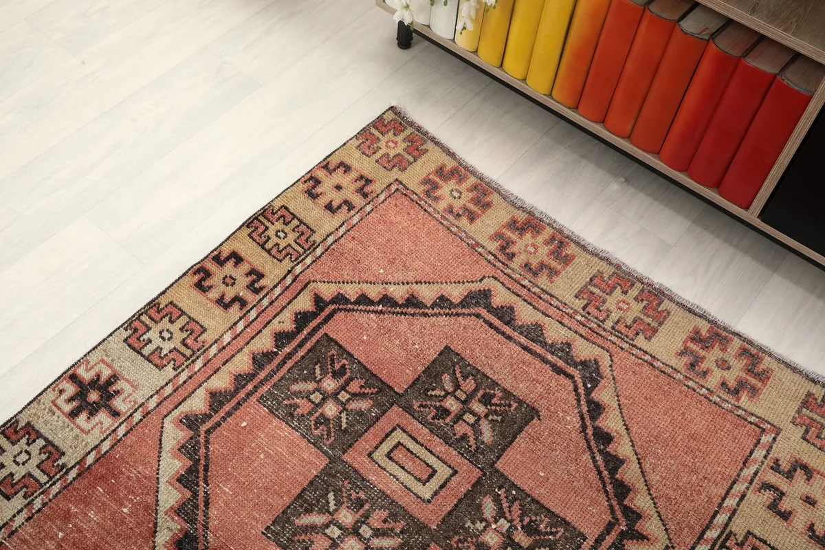 Corner view of the rust runner rug, showing its border design and part of a bookshelf