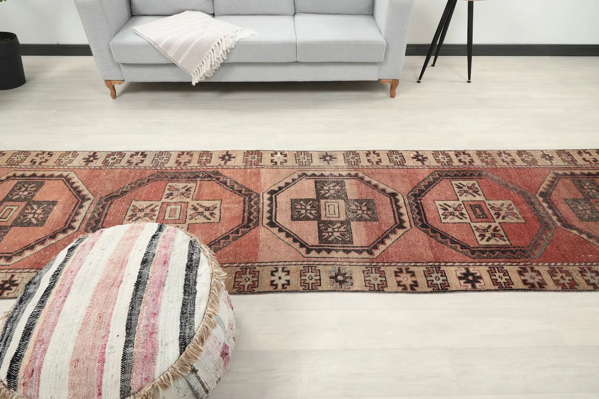 Full length view of the runner rug from a higher perspective in a styled room