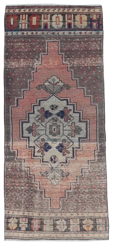 Full top view of the 2'4" x 6'0" vintage rose and gray Anatolian runner rug
