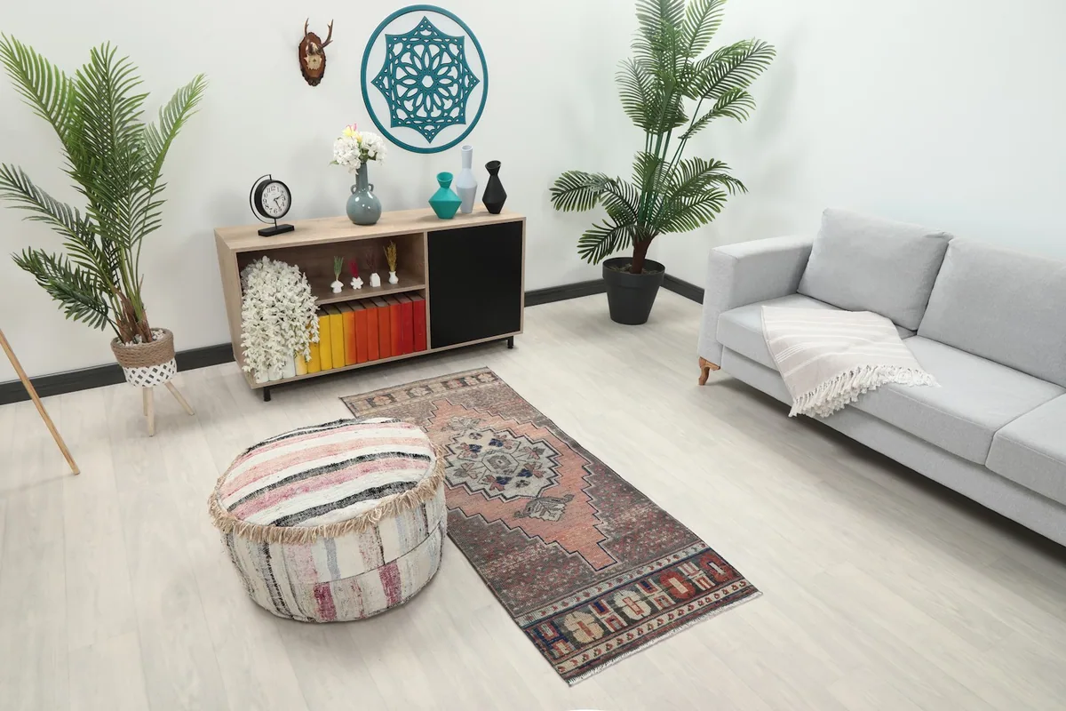 Overhead view of the runner rug placed in a modern living space with furniture