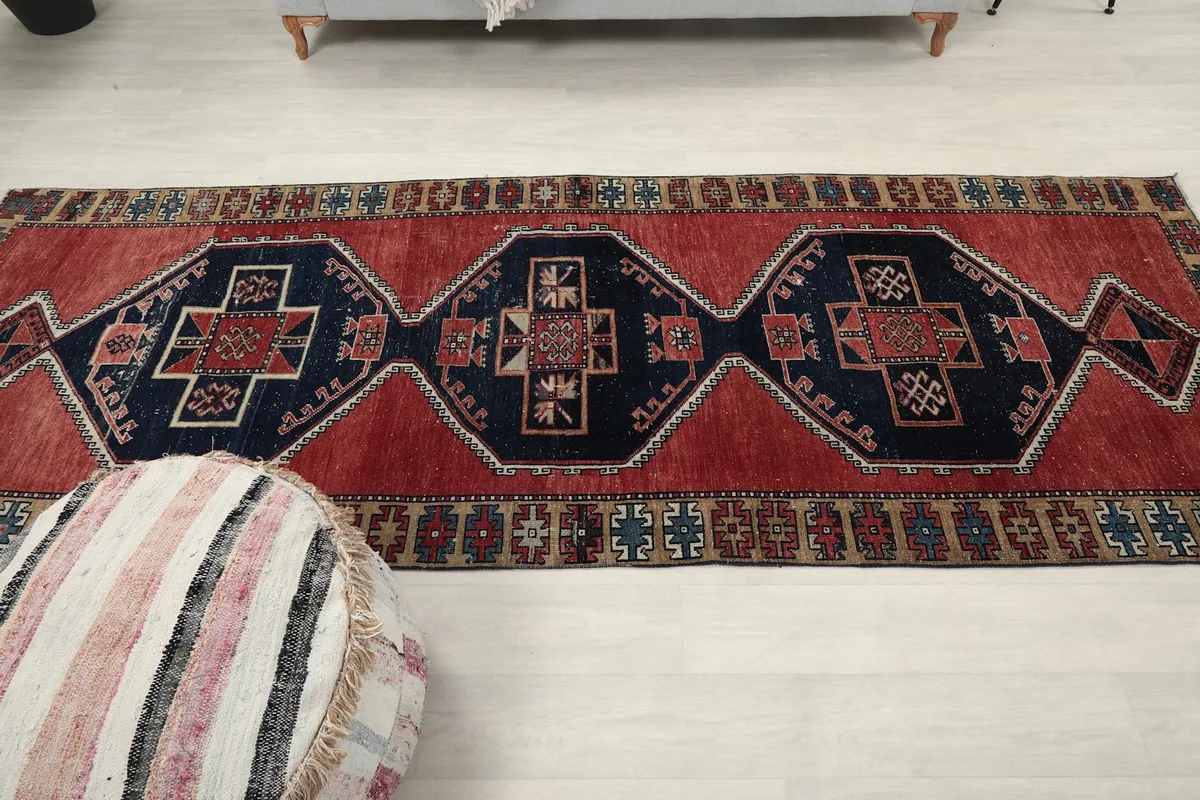 Overhead view of the runner rug, capturing its overall design and vibrant colors