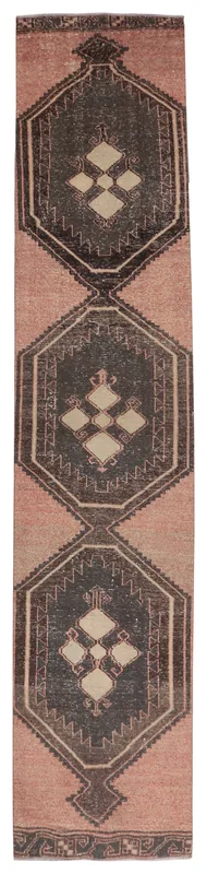 Full overhead view of the rose and charcoal geometric Anatolian runner rug