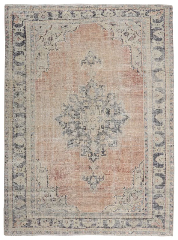 Full overhead view of the 7'1" x 9'7" rust and blue vintage Anatolian rug on a white background.