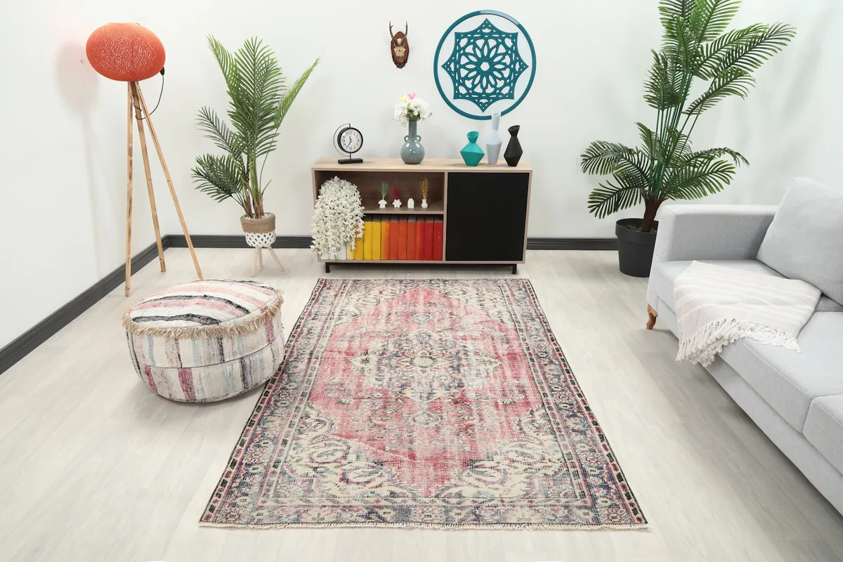 Vintage rose rug styled in a living room setting with a light sofa and plants