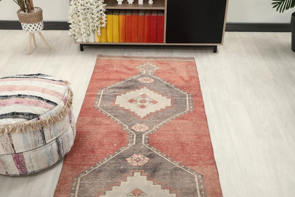 Overhead view of the runner rug in a room, highlighting its full pattern and placement.