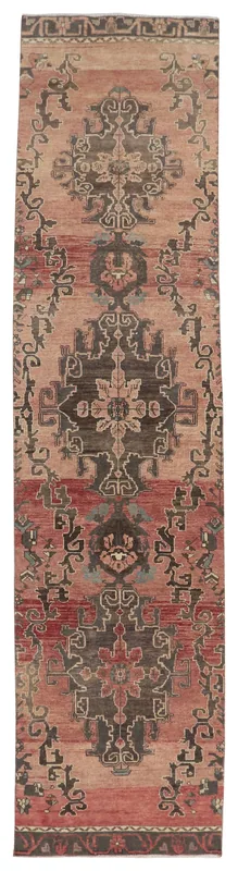 Full overhead view of the 2'11" x 12'10" rose and charcoal vintage Anatolian runner