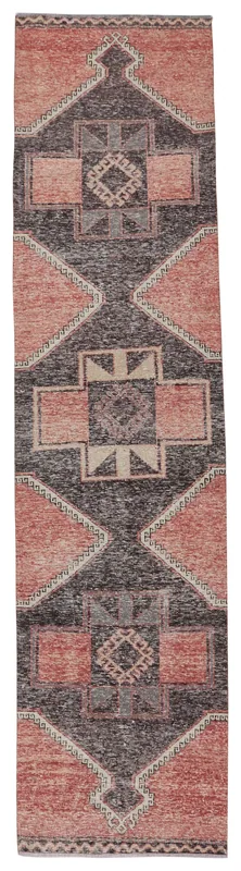 Full top view of the vintage Anatolian runner rug with charcoal and rust geometric patterns