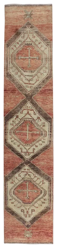 Full overhead view of the 2'6" x 10'0" rust and ivory geometric vintage Anatolian runner rug.