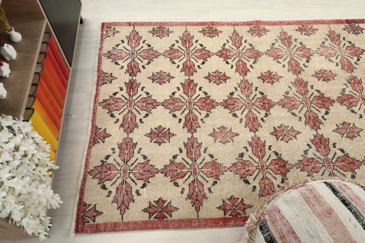 Angled view of the entire rug from above, showcasing its design and colors
