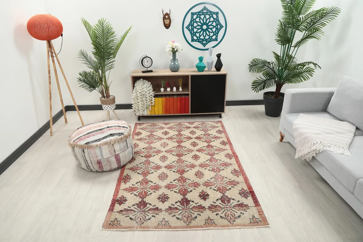 Vintage beige and rose rug in a living room setting with modern furniture