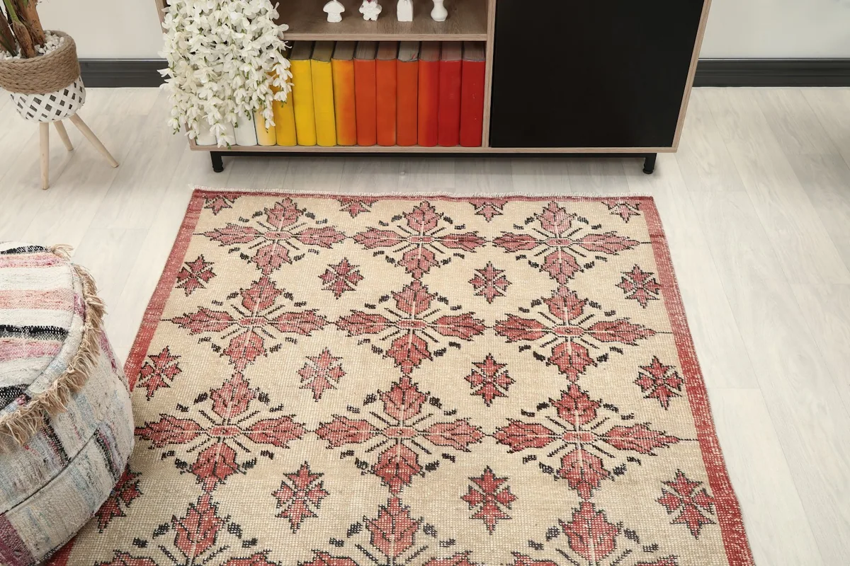 Overhead shot of the rug's placement in a contemporary room setup
